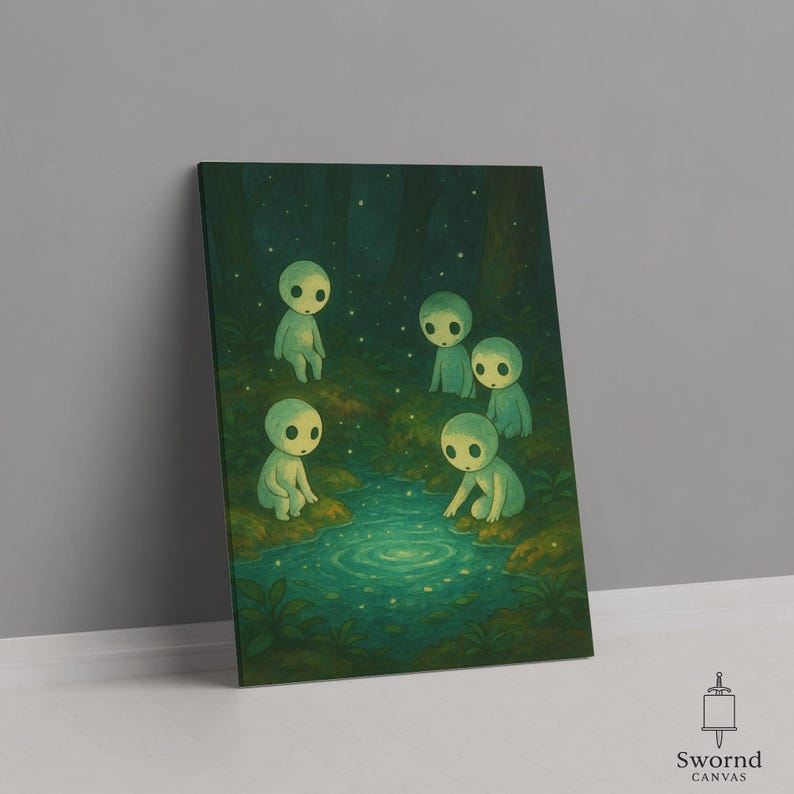 May include: Canvas art print depicting a fantasy scene with five glowing, humanoid figures near a stream in a dark forest. The figures have large, round eyes and are in shades of green and blue. The artwork has a mystical, ethereal quality.