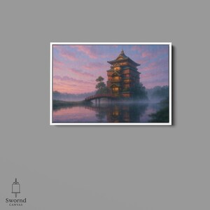 May include: A framed canvas print depicts a Japanese-style building on an island, connected by a bridge. The artwork features a serene lake, a pink and purple sunset, and a misty atmosphere. The building has multiple stories and is surrounded by trees.