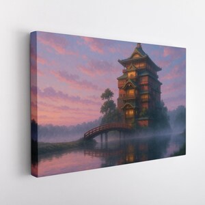 May include: Canvas art print of a Japanese-style building with a bridge over a misty lake. The artwork features a sunset sky with pink and purple hues, and the building has warm, inviting lights.