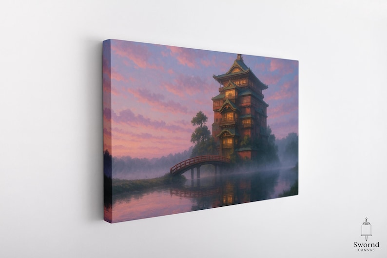 May include: Canvas art print of a Japanese-style building with a bridge over a misty lake. The artwork features a sunset sky with pink and purple hues, and the building has warm, inviting lights.