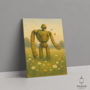 May include: Canvas art print depicting a large, robot-like figure covered in foliage, standing in a field of wildflowers. Butterflies flutter around the figure. The artwork has a soft, pastel colour palette with a whimsical feel.