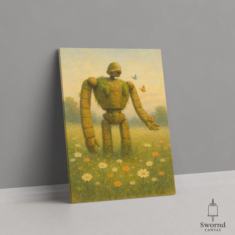 May include: Canvas art print depicting a large, robot-like figure covered in foliage, standing in a field of wildflowers. Butterflies flutter around the figure. The artwork has a soft, pastel colour palette with a whimsical feel.