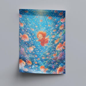 May include: A rectangular wall art print featuring a vibrant underwater scene with a small child in a red dress swimming among numerous orange goldfish. The composition is filled with blue water, bubbles, and coral reef elements in a detailed illustration.