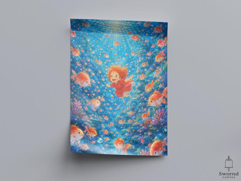 May include: A rectangular wall art print featuring a vibrant underwater scene with a small child in a red dress swimming among numerous orange goldfish. The composition is filled with blue water, bubbles, and coral reef elements in a detailed illustration.
