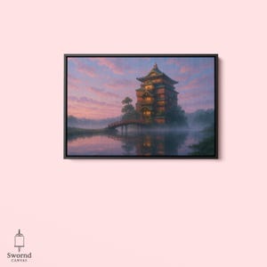 May include: A framed canvas print of a Japanese-style building on an island, connected by a bridge. The artwork features a serene lake scene with a colorful sunset sky. The building is lit with warm light, and the overall theme is peaceful.