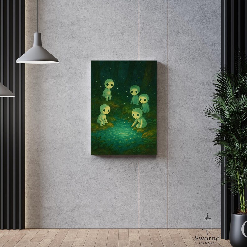 May include: A canvas print depicting a fantasy scene with six glowing, humanoid figures around a pond in a forest. The figures are light green with large, dark eyes. The artwork has a dark, mystical atmosphere.