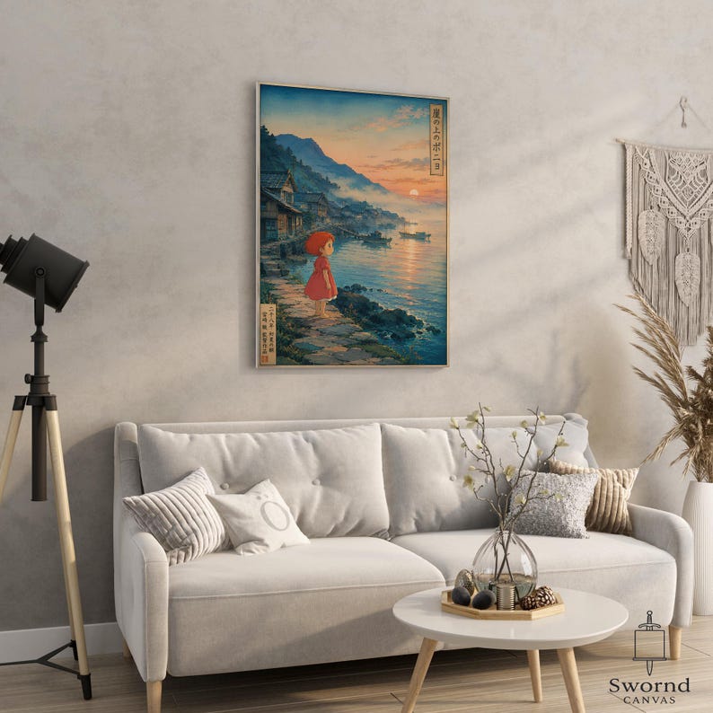 Ponyo Print Canvas, Japanese Village Poster, Studio Ghibli Wall Art, Anime Movie Gift image 2