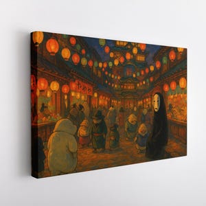 May include: Canvas art print depicting a vibrant, bustling street scene at night. The artwork features numerous figures, illuminated by glowing orange lanterns. A mysterious figure in black stands out in the crowd.