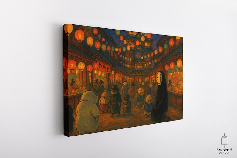 May include: Canvas art print depicting a vibrant, bustling street scene at night. The artwork features numerous figures, illuminated by glowing orange lanterns. A mysterious figure in black stands out in the crowd.