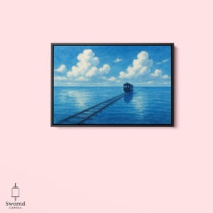May include: A framed canvas print depicts a train traveling on tracks across a vast, blue ocean under a sky filled with fluffy white clouds. The artwork has a serene, dreamlike quality, with the train as the focal point.