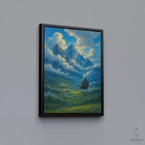 May include: A framed canvas print featuring a landscape painting. The artwork depicts a mountain range under a bright blue sky with fluffy white clouds. A whimsical, moving structure is in the valley below. The print is framed in a black border.