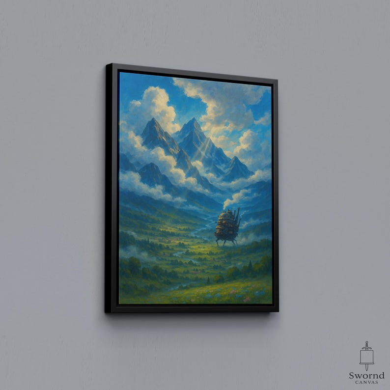 May include: A framed canvas print featuring a landscape painting. The artwork depicts a mountain range under a bright blue sky with fluffy white clouds. A whimsical, moving structure is in the valley below. The print is framed in a black border.