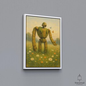 May include: A framed canvas print shows a large, moss-covered robot in a field of wildflowers. The robot has a humanoid form with segmented limbs. Butterflies flutter around it. The artwork is set against a soft, natural background.