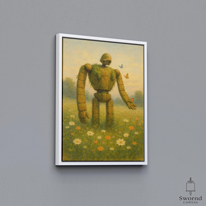 May include: A framed canvas print shows a large, moss-covered robot in a field of wildflowers. The robot has a humanoid form with segmented limbs. Butterflies flutter around it. The artwork is set against a soft, natural background.