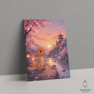 Puede incluir: Impresión artística en lienzo que presenta un personaje de dibujos animados naranja con una llama en la cola, ambientado en un paisaje japonés con flores de cerezo, una pagoda y una puesta de sol. La obra es de Swornd Canvas.
