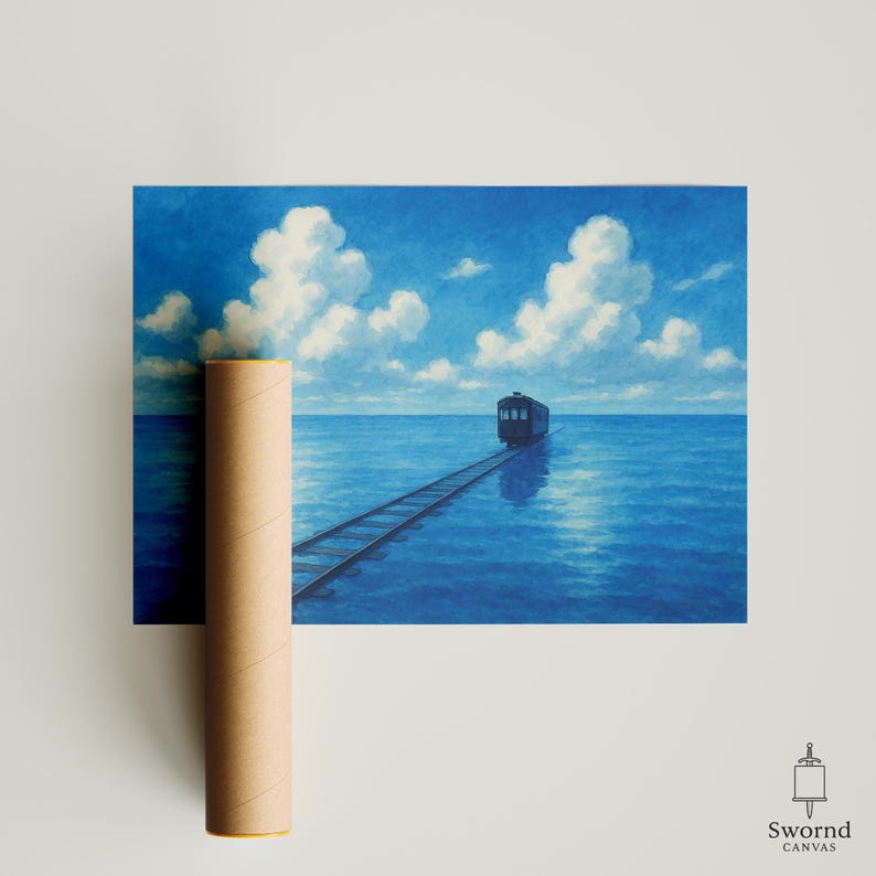 May include: A canvas print depicting a train on tracks in the ocean under a blue sky with fluffy white clouds. A brown cardboard tube is leaning against the print. The print has the text "Sword Canvas" in the bottom right corner.