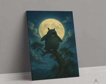 My Neighbor Totoro Moon Print, Miyazaki Night Scene Poster, Studio Ghibli Canvas, Anime Wall Art, Totoro Gift, Fantasy Decor, Totoro Poster
