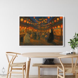 May include: A framed canvas print depicts a vibrant night market scene. The artwork features a variety of characters and glowing lanterns, creating a warm, inviting atmosphere. The color palette includes oranges, blues, and yellows, with a focus on the central figures.