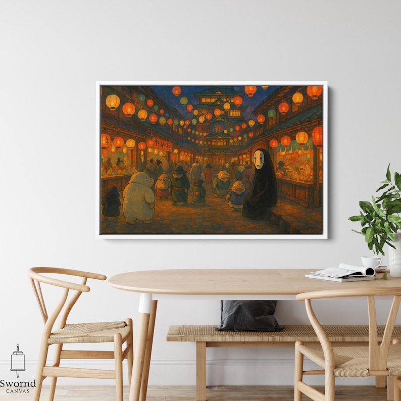 May include: A framed canvas print depicts a vibrant night market scene. The artwork features a variety of characters and glowing lanterns, creating a warm, inviting atmosphere. The color palette includes oranges, blues, and yellows, with a focus on the central figures.