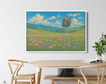 Howl’s Moving Castle Print, Hayao Miyazaki Canvas Wall Art, Moving Castle Poster, Ghibli Gift Idea, Anime Landscape Nature Decor