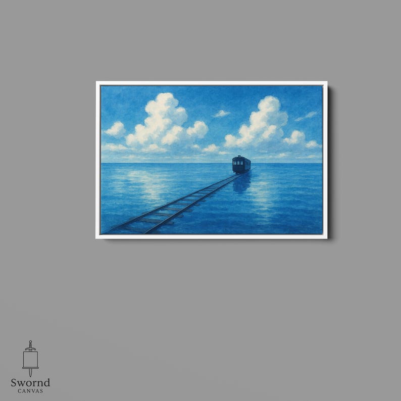 May include: A framed canvas print depicts a train traveling on tracks across a vast blue ocean under a bright sky with fluffy white clouds. The artwork has a serene, dreamlike quality.