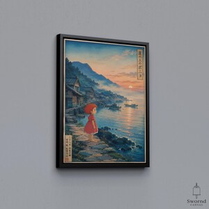 Ponyo Print Canvas, Japanese Village Poster, Studio Ghibli Wall Art, Anime Movie Gift Black Framed Canvas