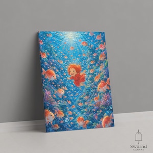 May include: A rectangular canvas print featuring a vibrant underwater scene with a central figure of a small child with orange hair wearing a red dress, surrounded by numerous orange goldfish and colorful coral reefs in deep blue water.