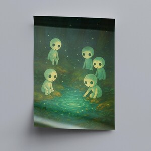 May include: An art print showing five small, glowing, humanoid figures in a forest scene. The figures, with large eyes, are positioned near a body of water with a rippling effect. The colour scheme is mainly greens and blues, creating a mystical atmosphere.
