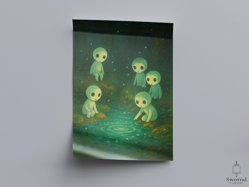 May include: An art print showing five small, glowing, humanoid figures in a forest scene. The figures, with large eyes, are positioned near a body of water with a rippling effect. The colour scheme is mainly greens and blues, creating a mystical atmosphere.