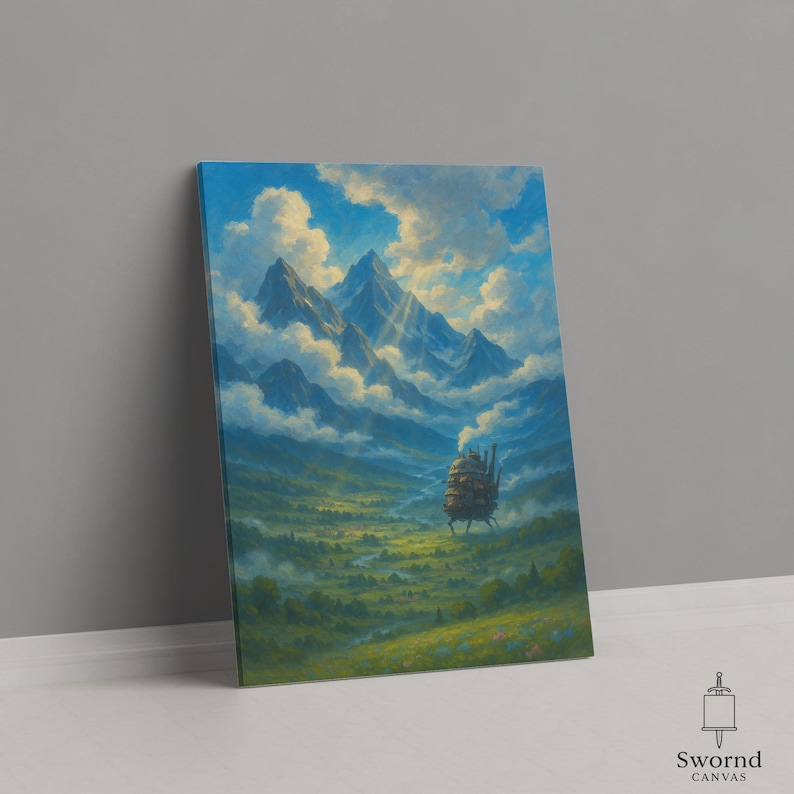 May include: Canvas art print depicting a fantasy landscape with mountains, clouds, and a moving structure. The artwork features a color palette of blues, greens, and yellows, with a detailed illustration style. The canvas is leaning against a gray wall.