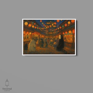 May include: A framed canvas print depicting a vibrant night scene. The artwork showcases a bustling street lined with shops and illuminated by colorful lanterns. Figures of various sizes populate the scene, with a prominent character in a black cloak.