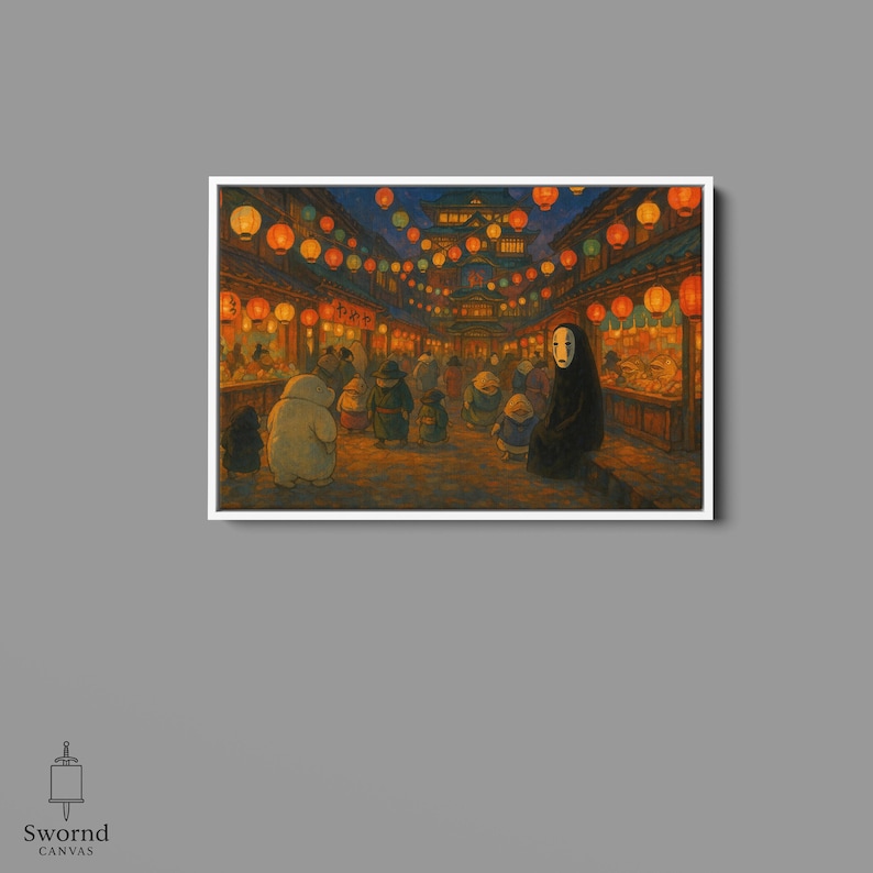 May include: A framed canvas print depicting a vibrant night scene. The artwork showcases a bustling street lined with shops and illuminated by colorful lanterns. Figures of various sizes populate the scene, with a prominent character in a black cloak.