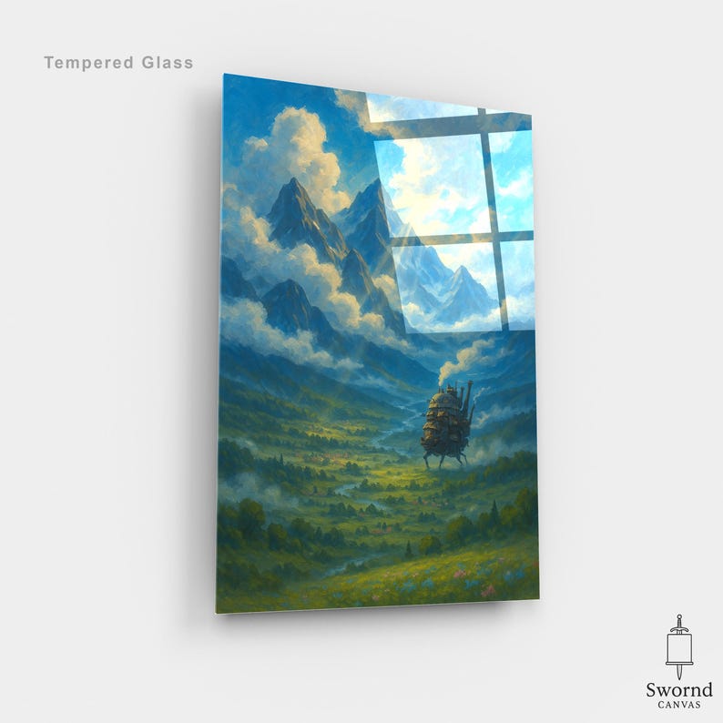 May include: Tempered glass wall art featuring a landscape painting with mountains, clouds, and a moving structure. The artwork is in shades of blue, green, and brown. The text "Tempered Glass" is at the top left.