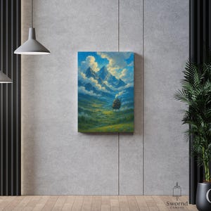 May include: A canvas print depicting a fantasy landscape with mountains, clouds, and a moving structure. The artwork features a vibrant color palette of blues, greens, and yellows, creating a whimsical and imaginative scene. The canvas is displayed on a gray wall.