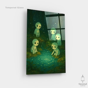 May include: Tempered glass art print showing a forest scene with glowing figures. Several small, pale green figures with large eyes are gathered around a pond. The artwork is set in a dark forest with lush green foliage and a starry sky.