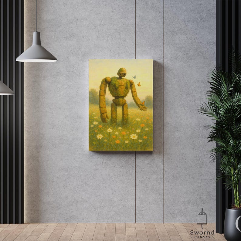 May include: A canvas print depicting a robot-like figure in a field of flowers. The robot, a blend of metal and vegetation, has a calm expression. Butterflies flit around it in a soft, pastel-coloured landscape. The artwork evokes a sense of peace.