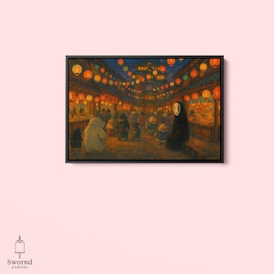 May include: A framed canvas print depicting a nighttime scene of a bustling street lined with shops and illuminated by orange lanterns. Figures of various sizes and shapes populate the scene, with a prominent figure in a black cloak and mask. The artwork has a warm, inviting color palette.
