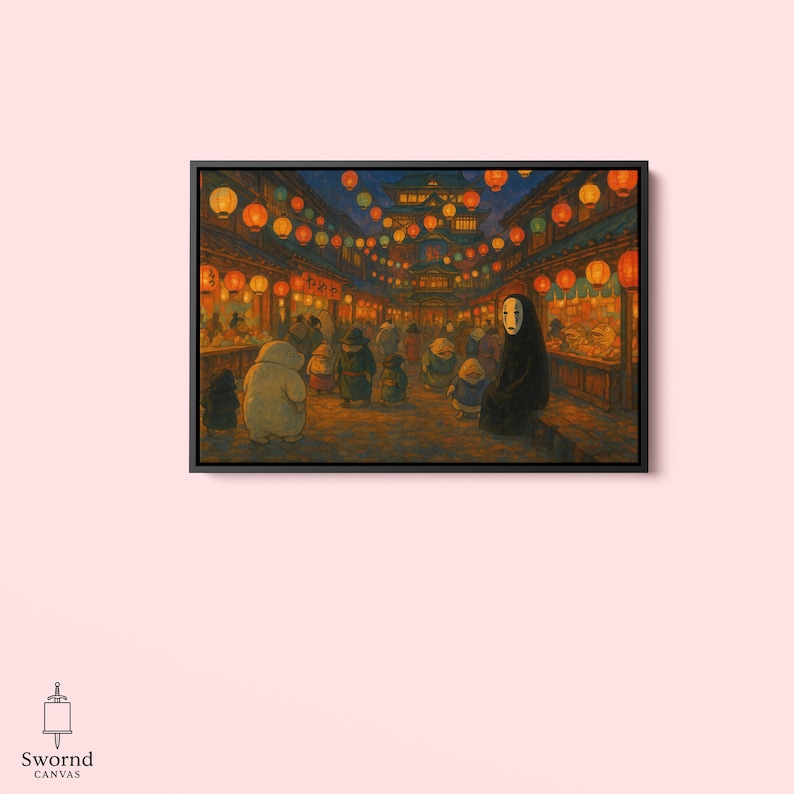 May include: A framed canvas print depicting a nighttime scene of a bustling street lined with shops and illuminated by orange lanterns. Figures of various sizes and shapes populate the scene, with a prominent figure in a black cloak and mask. The artwork has a warm, inviting color palette.