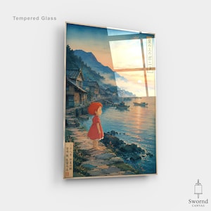 Ponyo Print Canvas, Japanese Village Poster, Studio Ghibli Wall Art, Anime Movie Gift Tempered Glass