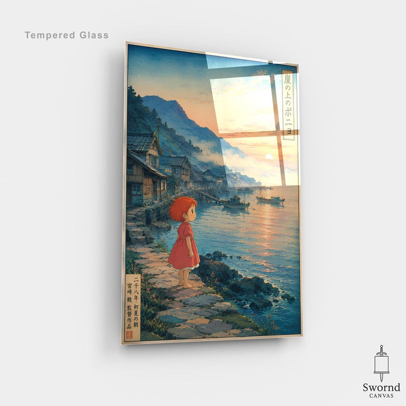 Ponyo Print Canvas, Japanese Village Poster, Studio Ghibli Wall Art, Anime Movie Gift Tempered Glass