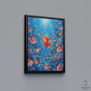 Ponyo Print Canvas, Studio Ghibli Poster, Anime Wall Art, Underwater Fantasy Decor, Ponyo Gift, Ocean Movie Poster Black Framed Canvas