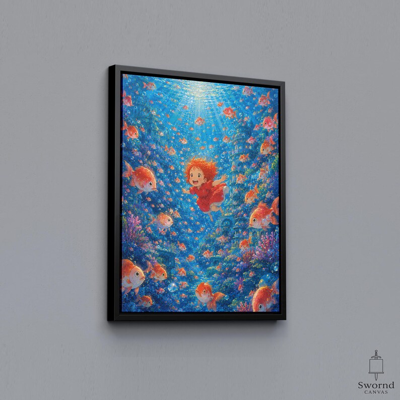 Ponyo Print Canvas, Studio Ghibli Poster, Anime Wall Art, Underwater Fantasy Decor, Ponyo Gift, Ocean Movie Poster Black Framed Canvas