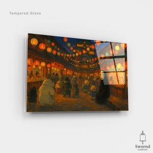 May include: Tempered glass art print featuring a vibrant illustration of a bustling marketplace at night. The scene is illuminated by numerous glowing lanterns, with figures of various sizes and shapes. The text "Tempered Glass" is visible.