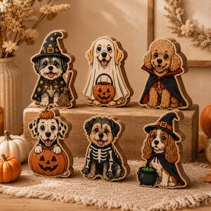 Pode incluir: Um conjunto de seis figuras de madeira de cães vestidos com fantasias de Halloween, incluindo um mago, um fantasma, um vampiro, uma abóbora, um esqueleto e uma bruxa. Cada recorte apresenta uma ilustração detalhada de um cão com acessórios.