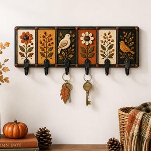 May include: A rectangular wall-mounted hook rack featuring six vertical panels with raised relief designs of sunflowers, berries, and birds in shades of orange, green, and cream. Each panel has a black metal hook, with two keys hanging from them.