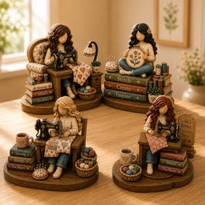 May include: Four resin figurines depicting individuals engaged in sewing and embroidery. Each scene features miniature sewing machines, stacks of books labelled Sewing, Mends, and The Heart, baskets of yarn, and floral accents on a wooden base.