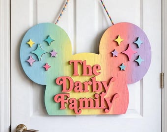 Custom Disney Family Name Sign, 3D Mickey Ears Door Hanger, Pastel Rainbow Wall Art, Disneyland Room Decor
