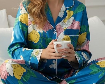 Blauer Blumen-Satin-Pyjama-Set für Frauen, Bunte Seiden-Nachtwäsche, Luxus-Langarm-lounge-Set, Elegantes Satin-PJs-Geschenk, Tropische Nachtwäsche
