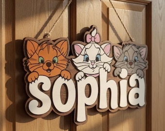 The Aristocats Marie Cat Door Sign, Personalized Disney Nursery Decor, Custom Disney Cat Name Plaque, Toulouse and Berlioz Kids Room