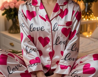Valentine Satin Pajama Set, Pink Heart Love Print Sleepwear, Romantic Couple PJs, Matching Valentine Outfit, Anniversary Pajama Gift Set